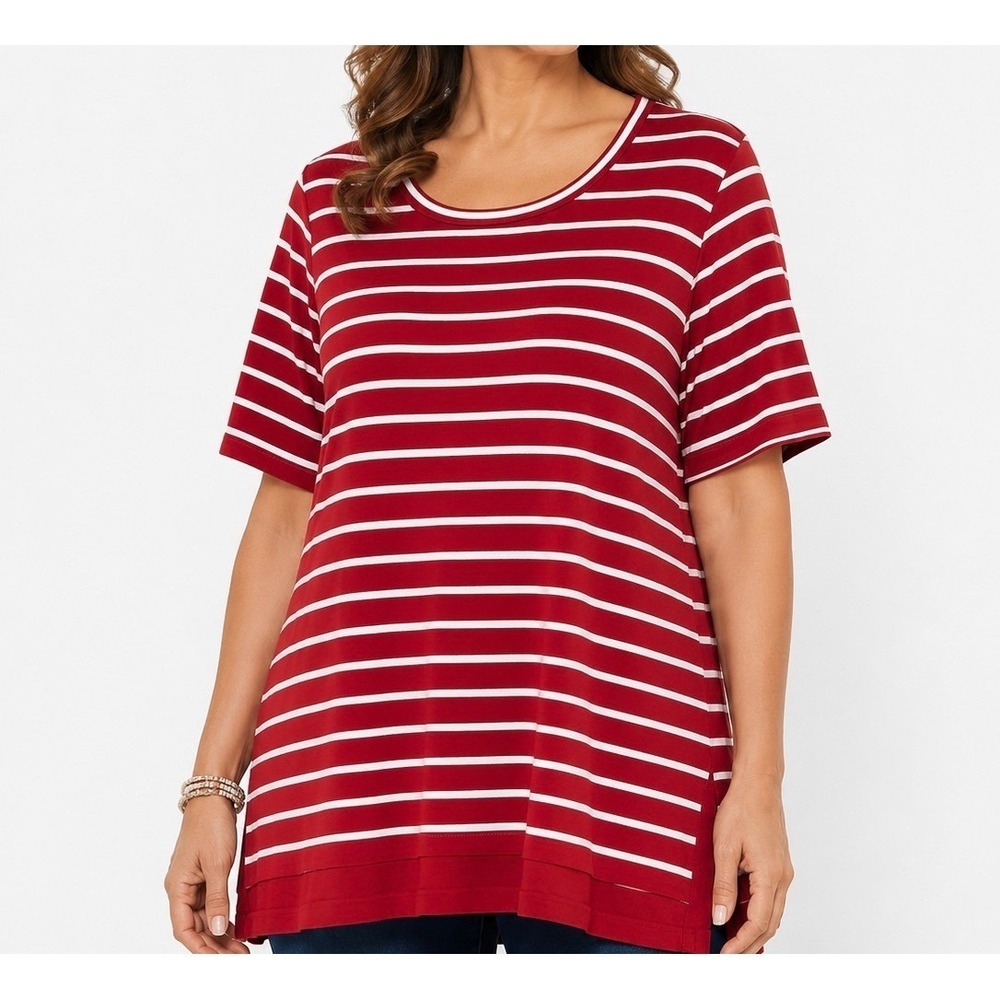 D&Co Active Womens 2X Red White Striped Short Sleeve Scoop Neck Tunic Top